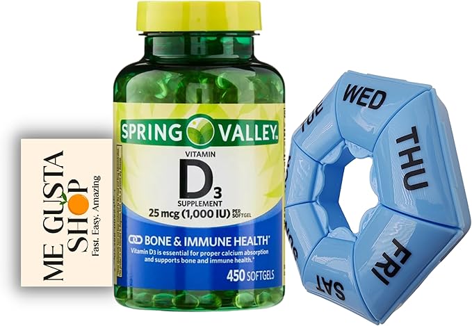 Vitamin D3 25mcg, 1,000 IU, 450 Count Softgels Spring Valley Bundle with Pill Organizer and Me Gustas Sticker Pack of 02