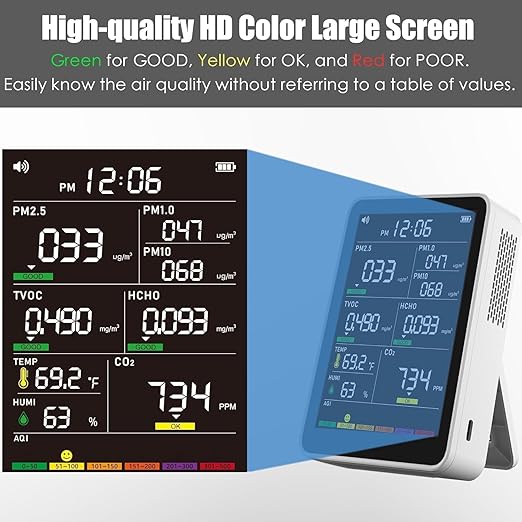 Professional Indoor Air Quality Monitor with AQI Alerts, Portable Real-Time Detector for Home, Car, Plants & Pet