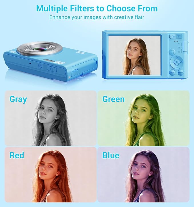 Digital Camera 4K, Autofocus Digital Compact Digital Camera,16X Digital Zoom Upgraded Travel Camera with 64GB SD Card,2 Batteries,Small Camera for Teens Kids Boys Girls,Blue
