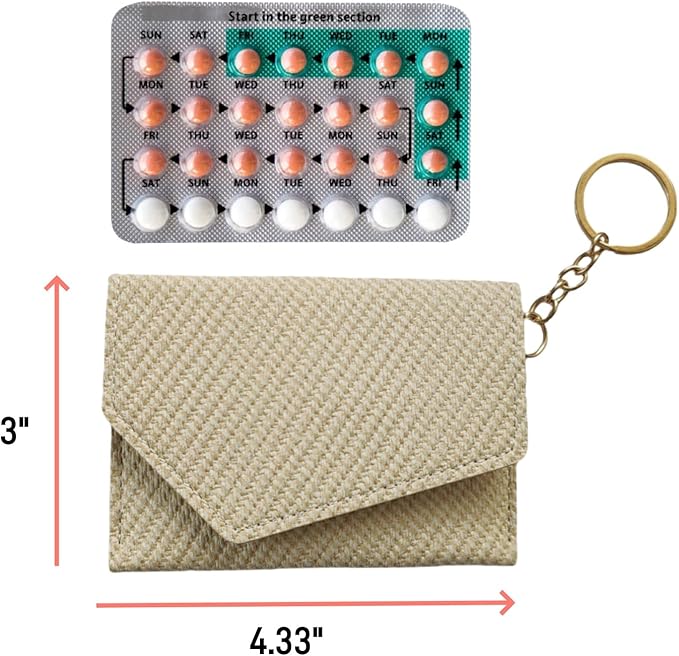 Birth Control Pill Case Wallet PU Leather Medicine Holder Keychain (Beige)