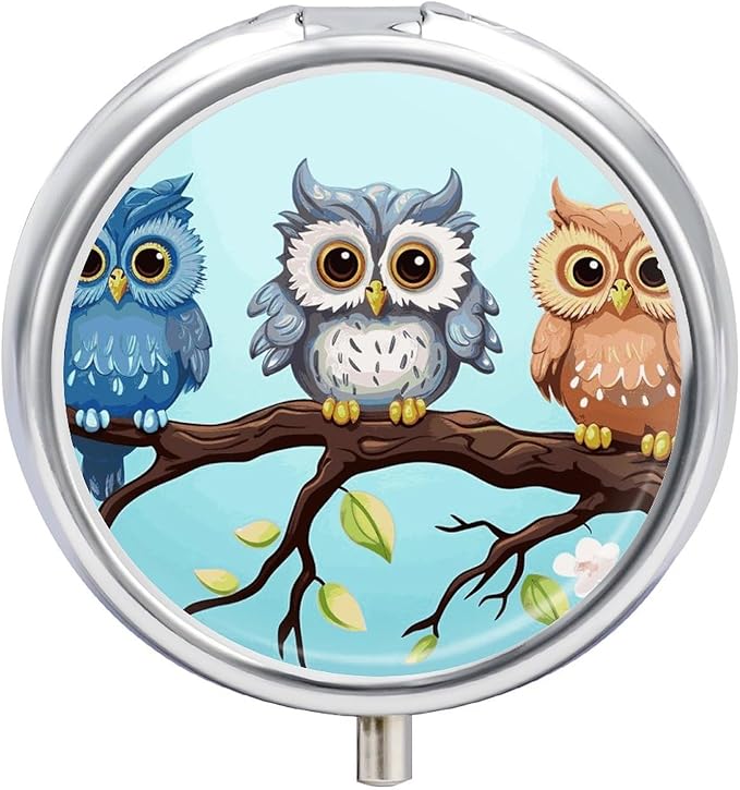 Owls on A Branch Pill Box Travel Pill Case for Purse Pocket Weekly Medicine Organizer with Mirror 3 Compartment Round Medicine Case Portable PillcaseHolder for Daily