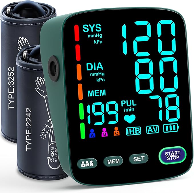 Blood Pressure Monitor,2 Cuff Sizes Automatic Upper Arm Blood Pressure Machine,9-17'' & 13-21'' Extra Large Blood Pressure Cuff Large LED Backlit Screen-3 User Mode/USB Cable and 4 AAA Batteries