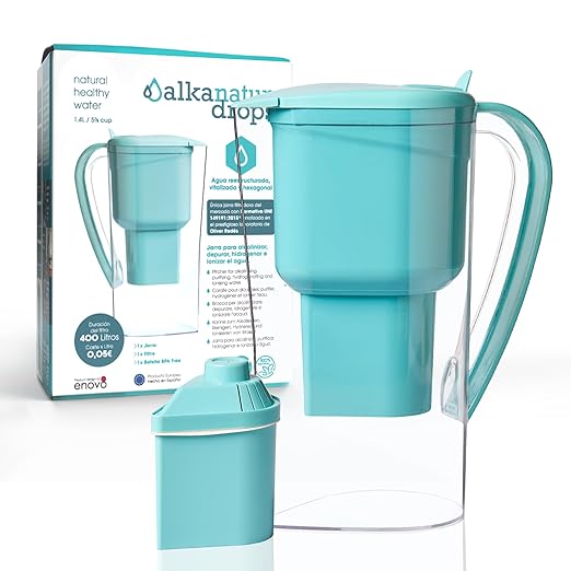 Alkanatur Drops Low Emission Water Filter Pitcher - Hydrogenates + Ionizes + Provides Magnesium Removes Chlorine, Metals, Fluorides, Microplastics, and More - Certified UNE 149101:2015