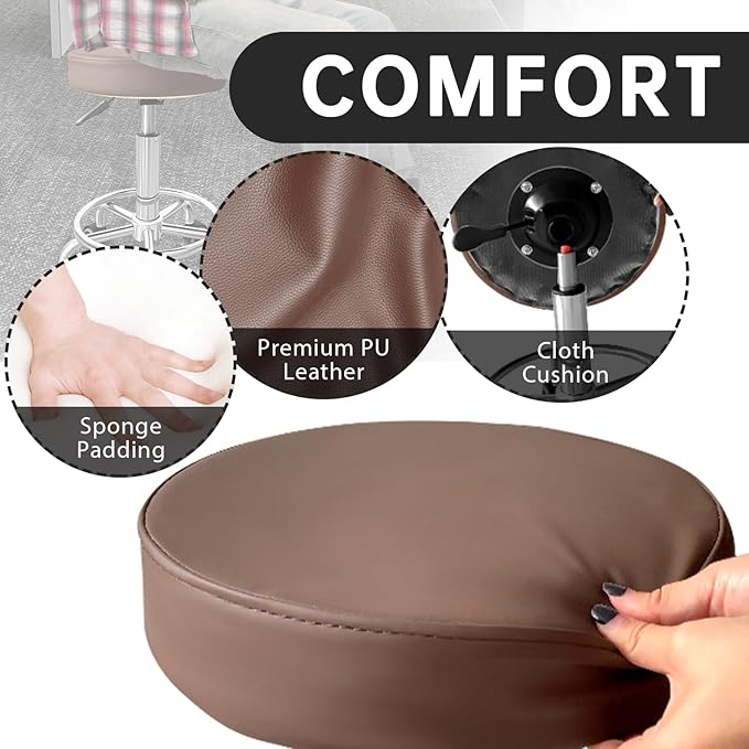 PU Leather Rolling Stool with Foot Rest Round Height Adjustment Swivel Spa Drafting Salon Tattoo Work Office Massage Vanity Stools Task Chair (Brown)