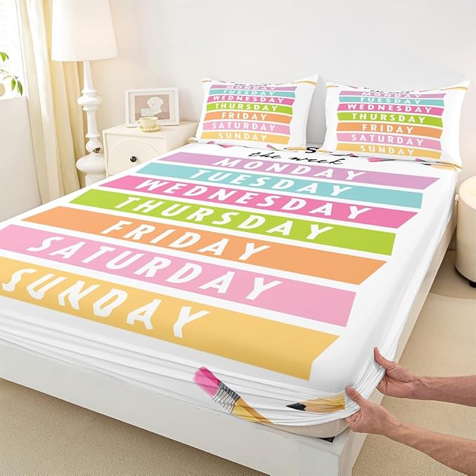 Feelyou Kids Learning Bed Sheet Set Full Size, Days of The Week Fitted Sheet Educational Bedding Set Boys Girls Preschool Teens Bedroom Decor Bed Set 3Pcs (No TOP Sheet)