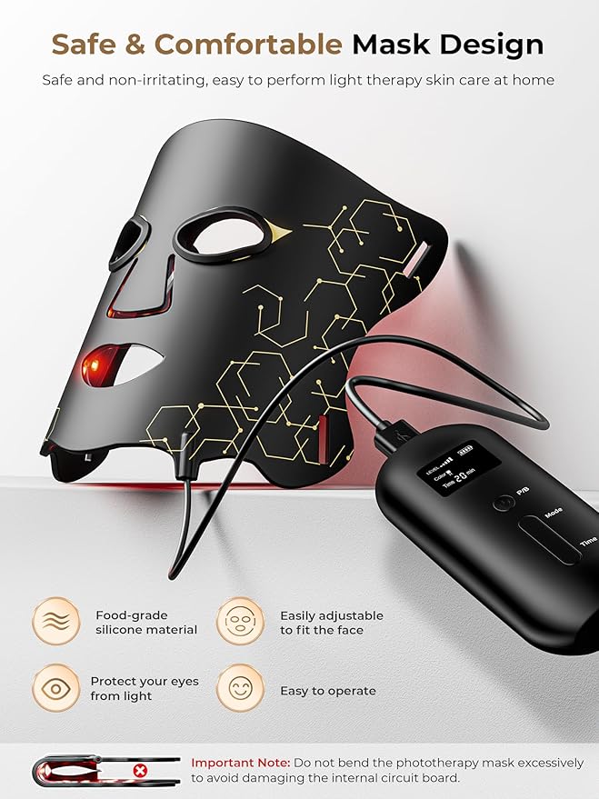 LED Light Therapy mask (E106A) for Face, LED Light Therapy Mask with Adjustable Brightness and Timer, Soft Silicone Red Light Therapy Mask for Home & Travel, Black