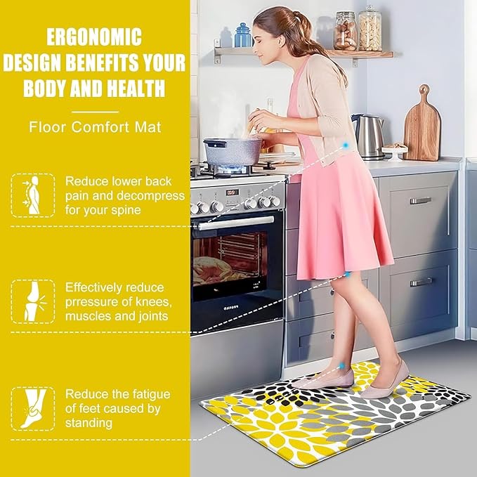Likiyol Kitchen Mats for Floor Anti-Fatigue Comfort Kitchen Rugs, Boho Flower Cushioned Waterproof Kitchen Decor Mat Thick, 18''x60'', Yellow