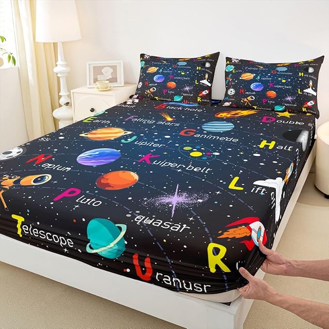 Alphabet Outer Space Astronaut Fitted Sheet Twin Size, ABC Planet Bed Sheet Set Kids Toddler Galaxy Bedding Set ABC Alphabet Learning Bed Cover Bed Set 2Pcs (No Flat Sheet)