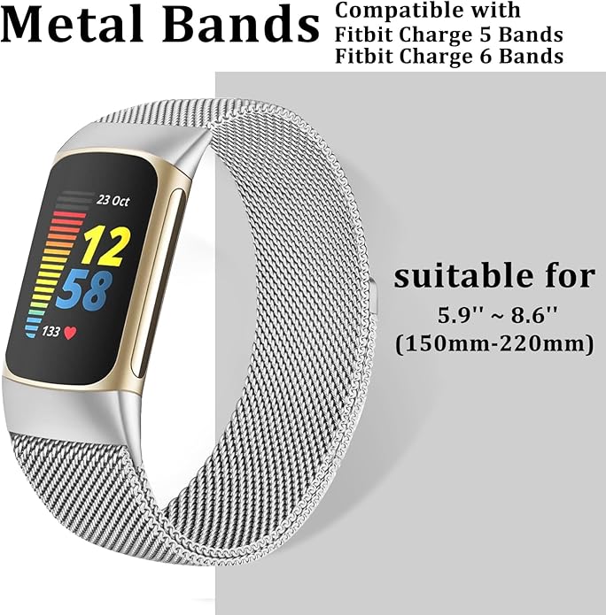 surundo Compatible with Fitbit Charge 6/Charge 5 Bands for Wmen Men, Metal Mesh Milanese Loop Adjustable Strap Replacement for Fitbit Charge 6/Charge 5 Advanced Fitness & Health Trackers