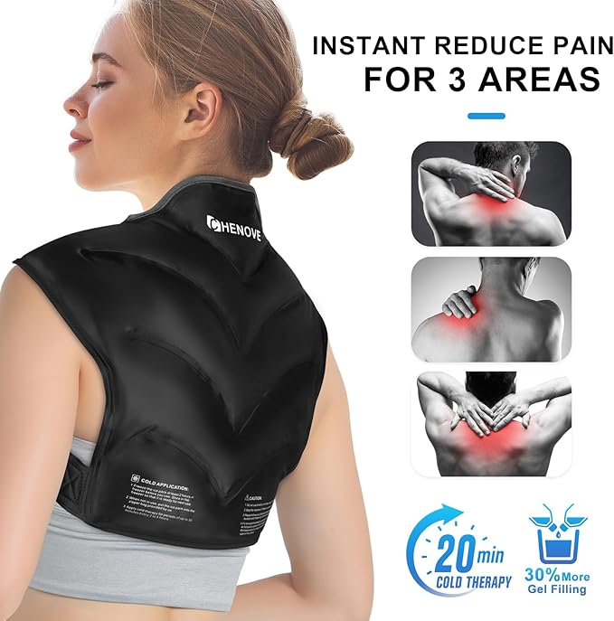 Chenove Ice Pack for Shoulders Upper Back with Strap, Neck and Shoulder Ice Pack Wrap Rotator Cuff Gel Reusable with Cold Compression Therapy, Soreness (Black)