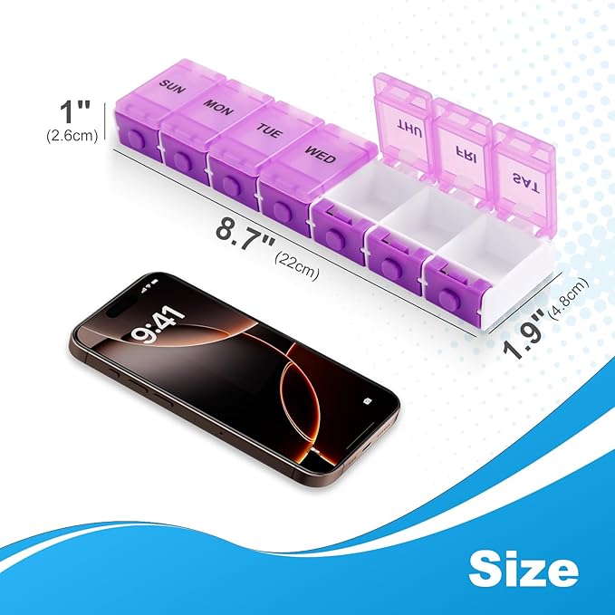 Push Button Weekly Pill Organizer, Medicine Pill Organizer with Label, Pill Box Case 7 Day BPA-Free, Pill Container for Vitamins, Fish Oil, Supplements Medication (Purple)