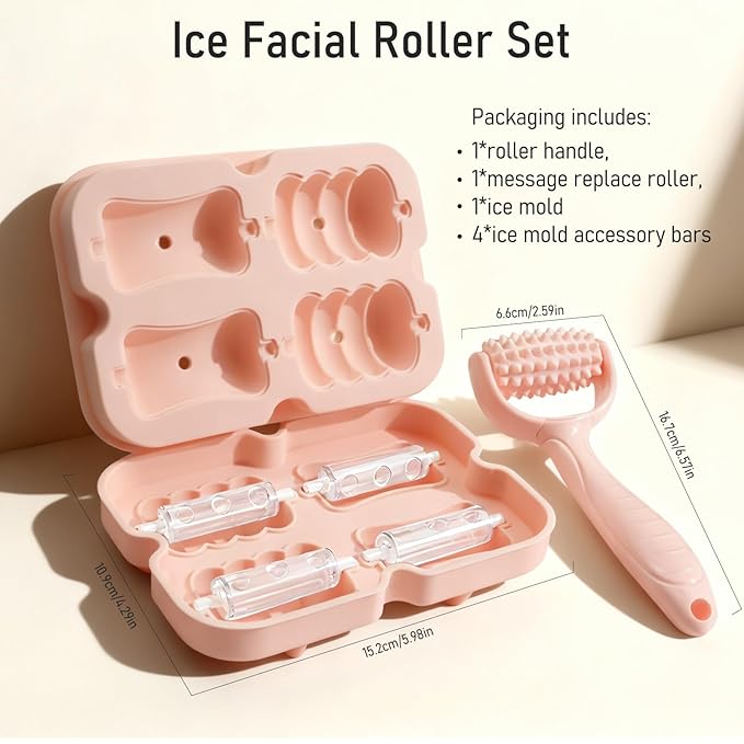 Ice Roller for Face, Reusable Facial Ice Roller for Eyes, Face, and Neck, 2 in 1 Massage Roller with Ice Face Mold and Silicone Textured Roller Head for Skin Care and Puffiness & Pain Relief, Pink