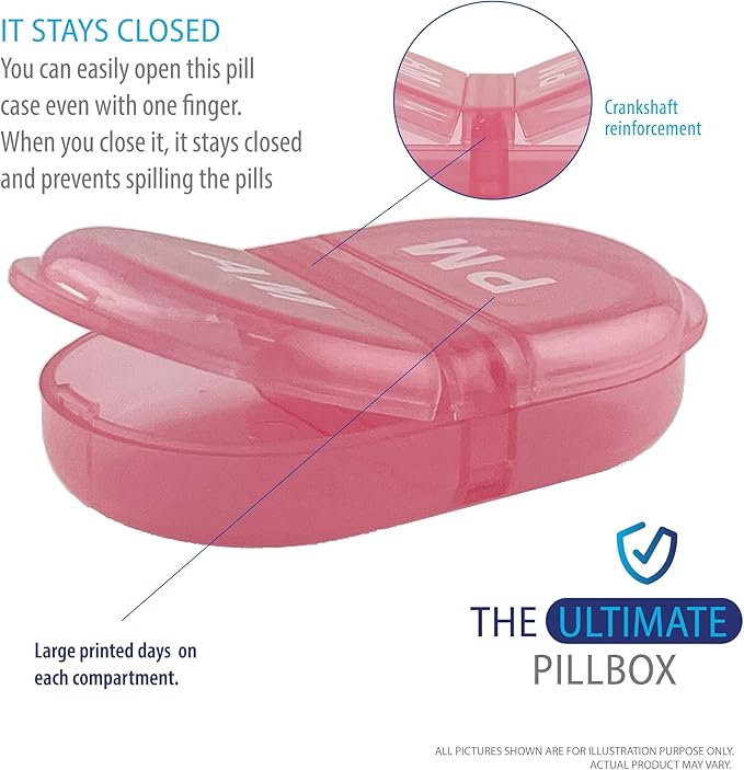 Deke Home - Pill Organizer AM PM, 2 Compartment Pill Box for Pocket or Purse, Small Daily Medicine Case, Travel Pill Holder, Easy Open Pill Container for Seniors, Vitamins & Supplements (Pink)