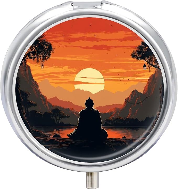 Buddha Silhouette Pill Box 3 Compartment Small Pill Case Portable Pill Box for Pocket Or Purse Round Metal Pill Box Cute Medicine Organizer Holder to Hold Vitamins Medication