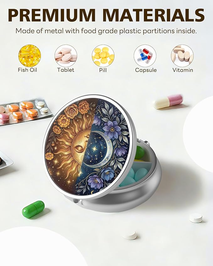 LRITER Pill Case, Portable Travel Pill Box, Pillbox Organizer, Cute Small Medicine Storage Container, Purse Accessories for Women, Men (Sun and Moon)