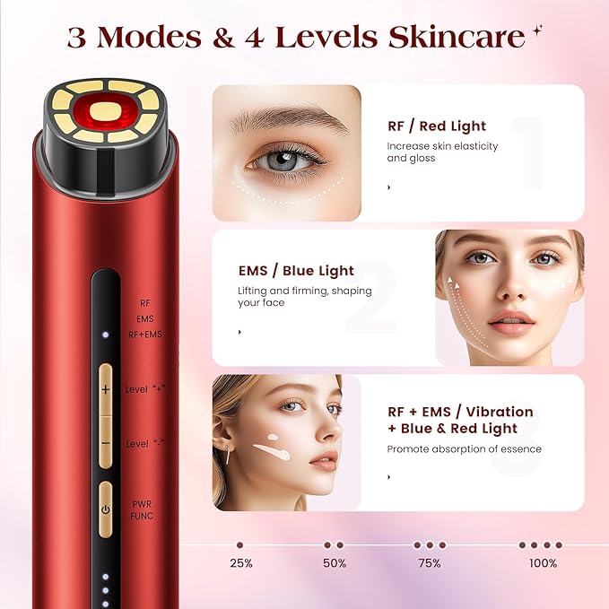 INTEO Microcurrent Facial Device, 3 Modes Red Light Therapy for Face and Neck, Skin Care Facial Massager Perfect Gifts for Women Men(Red)