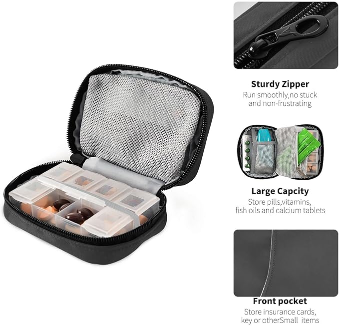 Kigai Black Solid Color Pill Case, Portable Weekly Daily Pill Case Bag Organizer with Zipper for Vitamins Medicine Supplements Travel Family Business