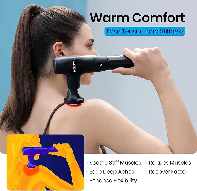 NAPRE 3-in-1 Detachable Massage Gun with Heat,Mini Massage Gun Deep Tissue with Extension Handle,Portable Handheld Percussion Muscle Massager for Back/Neck/Body,Small & Quiet,5 Heads