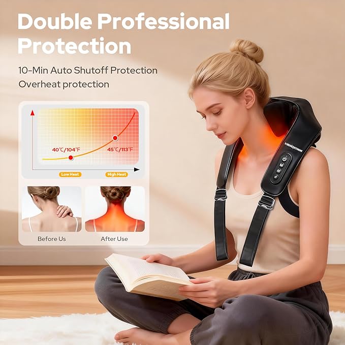 Shiatsu Neck and Back Massagers with Heat, Cordless Rechargeable 4D Kneading + Tapping Wearable Massager, 3 Tapping Intensities, 3 Speeds, Ultra-Quiet Under 45dB for Deep Muscle Relief
