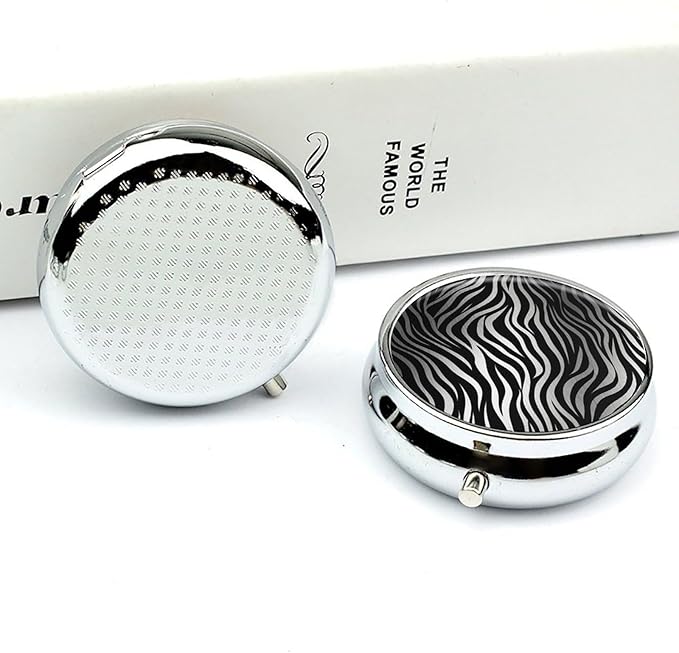 Zebra Print Pill Box Travel Pill Case for Purse Pocket Weekly Medicine Organizer with Mirror 3 Compartment Round Medicine Case Portable PillcaseHolder for Daily