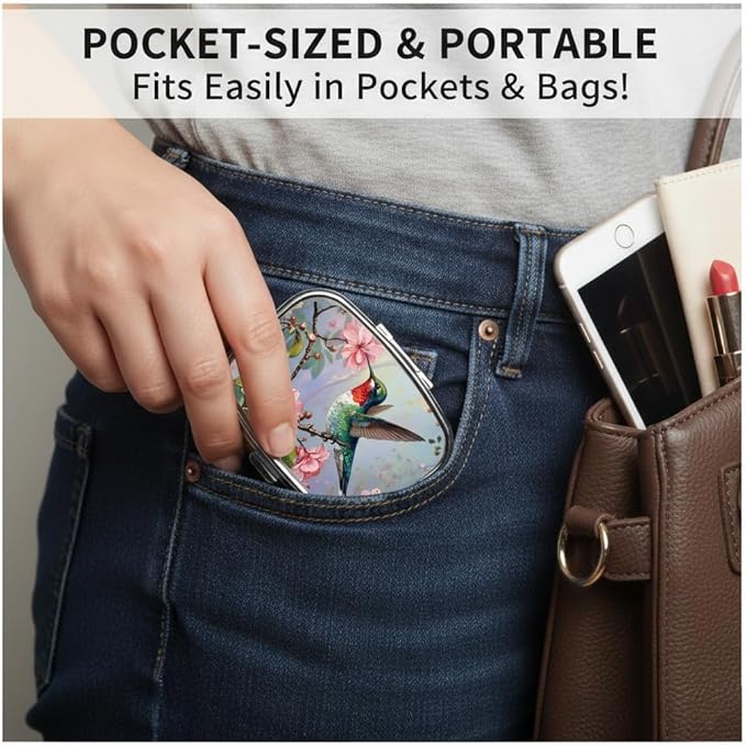 Hummingbird Pill Box 2 Compartment Small Pill Case,Portable for Pocket or Purse Pill Organizer Pill Container Holder with Mirror to Hold Vitamins, Medication, Fish Oil and Supplements