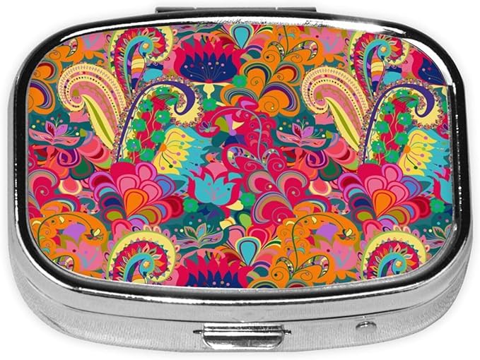 60s 70s Hippie Flowers Peace Sign Love Symbol Metal Iron Plating Square Pill Box 2 Compartment Medicine Pill Case Mini Medicine Vitamin Pillbox Portable Pills Organizer Storage Box for Pocket