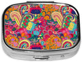 60s 70s Hippie Flowers Peace Sign Love Symbol Metal Iron Plating Square Pill Box 2 Compartment Medicine Pill Case Mini Medicine Vitamin Pillbox Portable Pills Organizer Storage Box for Pocket