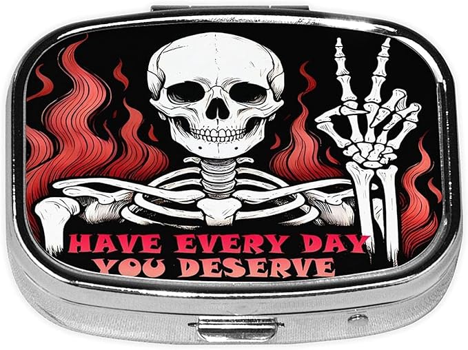 ABLESKY Pill Box, 2 Compartment Pill Organizer Case for Pocket or Purse, Small Portable Metal Travel Medicine Box with Mirror, Daily Vitamins Fish Oil Container-Skull Have Every Day You Deserve