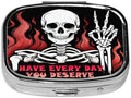 ABLESKY Pill Box, 2 Compartment Pill Organizer Case for Pocket or Purse, Small Portable Metal Travel Medicine Box with Mirror, Daily Vitamins Fish Oil Container-Skull Have Every Day You Deserve