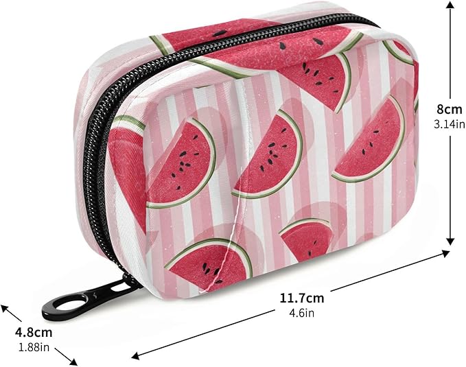 Pink and White Striped Juicy Watermelon Slices Travel Pill Organizer Case Box Container Weekly Portable Vitamin Medicine Holder Storage Bag with Zipper Removable