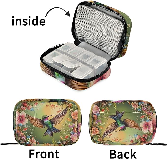 Travel Pill Case Flower Garland Bird Weekly Small Pill Box 7 Day Pill Box Pill Organizer Bag