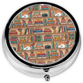 Round Pill Box,3 Compartment Mini Decorative Pocket Purse Portable Travel Medicine Tablet Vitamin Holder Organizer Pill Case,Sleeping Cat Library Bookshelf