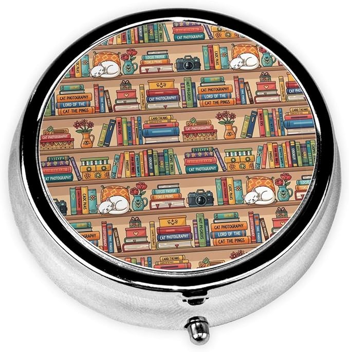 Round Pill Box,3 Compartment Mini Decorative Pocket Purse Portable Travel Medicine Tablet Vitamin Holder Organizer Pill Case,Sleeping Cat Library Bookshelf