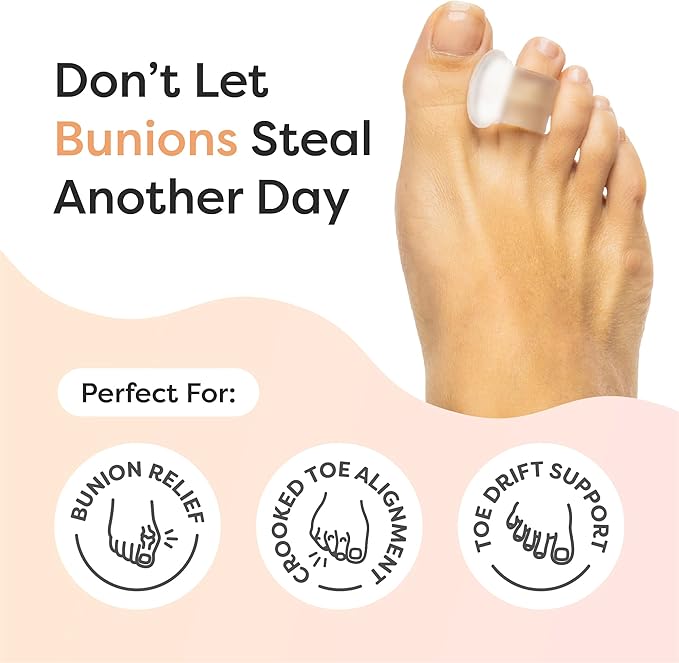 ZenToes Firm Gel Toe Separators for Overlapping Toes, Bunions, Big Toe Alignment, Corrector and Spacer, Strong Support - 4 Pack (Firm Frosted Clear)