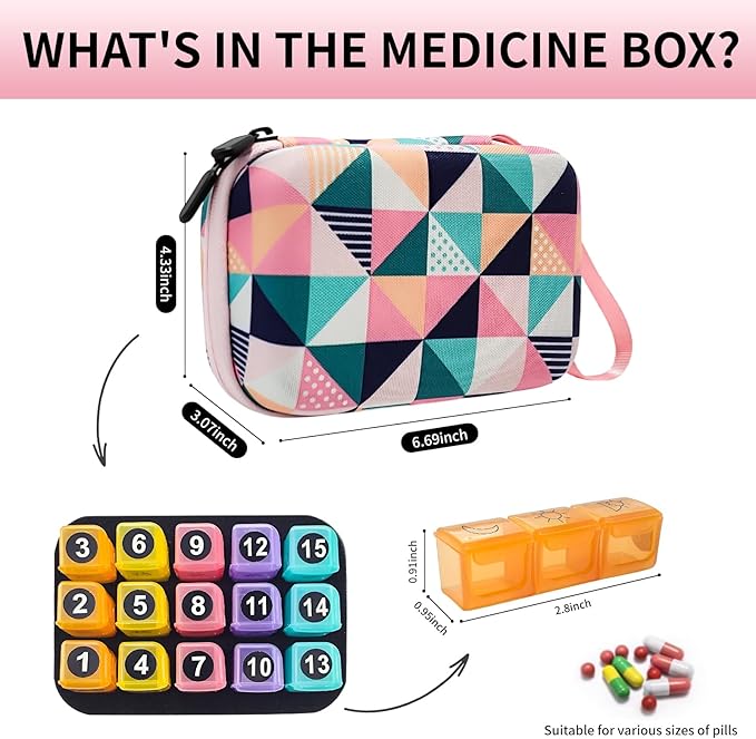 Pill Organizer, 15-Day Medicine Box with Hard Shell Case, 3 Times Daily Dosage Schedule, Plastic Rectangular Design, Includes Pill Cutter and Monthly Weekly Stickers,Multicolor