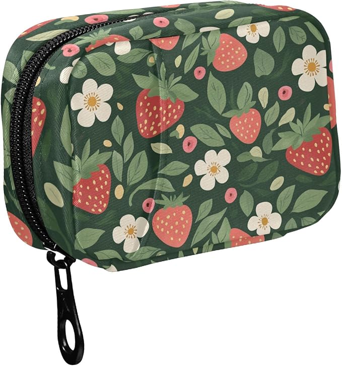 Fustylead Hand Draw Cute Strawberry and Floral Pill Organizer for Purse, Weekly Portable Pill Box with Zipper to Storage Vitamins Fish Oils Medications Supplements