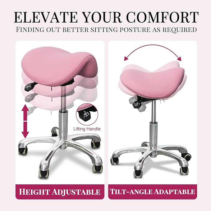Saddle Stool with Wheels,Rolling Stool,Rolling Chair Ergonomic Swivel Rolling Chair with Hydraulic Lifting Height Adjustable Rolling for Office Medical Massage Salon Drafting(Pink)