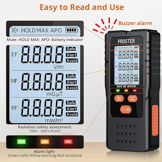 Proster 3in1 EMF Meter - Digital Electromagnetic Field Radiation Detector for 5G Cell Tower WiFi Signal Detector Home Office EMF Inspections or Ghost Hunting