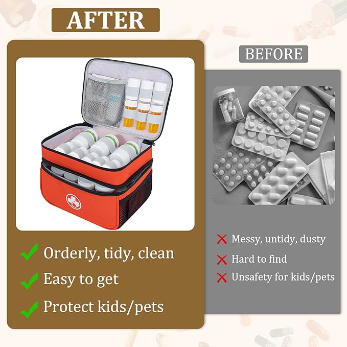 Dual Layers Medicine Organizer Bag, Pill Bottle Organizer Storage with Lockable Zipper, Lockable Medicine Travel Case for Pills, Vitamins, Medical Supplies, Orange（Lock not Included）