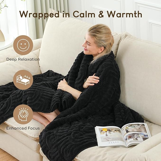 Cottonblue Jacquard Weighted Blanket for Adults 20 lbs Queen Size, Cozy Fluffy Sherpa Fleece Weighted Throw Blankets 60" x 80" for Sleep Relax, Fuzzy Warm Arch Heavy Blanket Soft for Bed Couch, Black