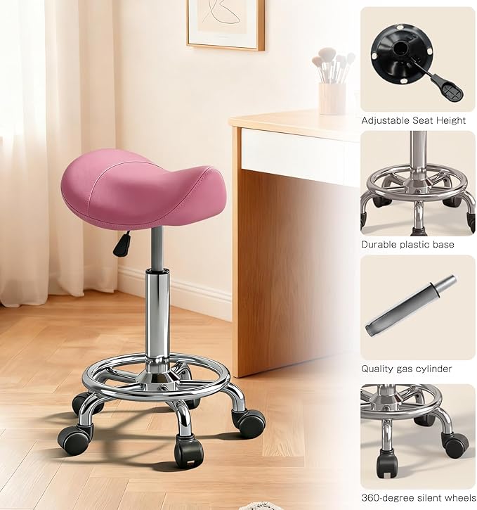 Saddle Stool with Wheels, Adjustable Rolling Stool Chair with Back Support, Ergonomic PU Leather Saddle Chair for Salon, Massage, Tattoo, Medical, Spa, Office (Pink, 1PCS)