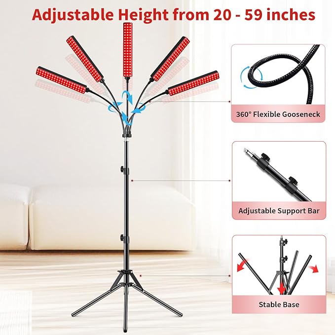 Cholas Red Light Therapy for Face Body, 5 Heads Red Infrared Light Therapy Devices with Stand, 5 Levels Adjustable Brightness 660nm and 850nm Near Infrared Light for Full Body, Muscle Gift for Women
