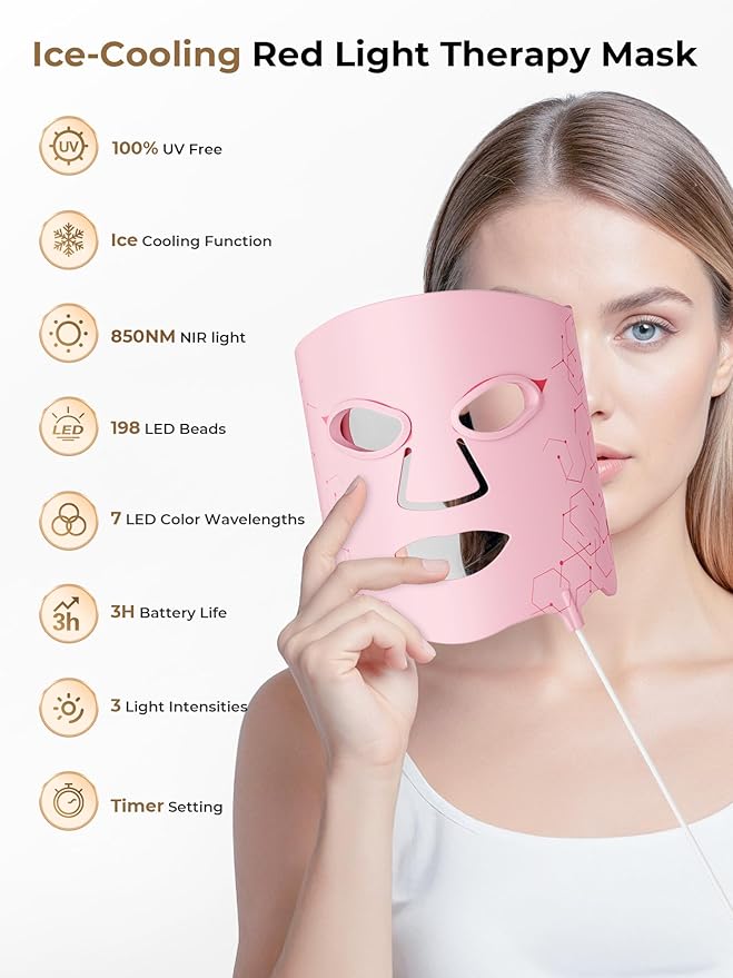 LED Light Therapy mask (E106A) for Face, LED Light Therapy Mask with Adjustable Brightness and Timer, Soft Silicone Red Light Therapy Mask for Home & Travel, Pink
