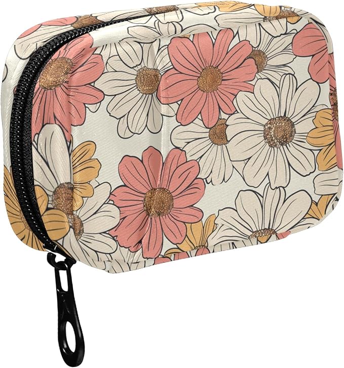Fustylead Hand Drawn Retro Groovy Daisy Flowers Pill Organizer for Purse, Weekly Portable Pill Box with Zipper to Storage Vitamins Fish Oils Medications Supplements