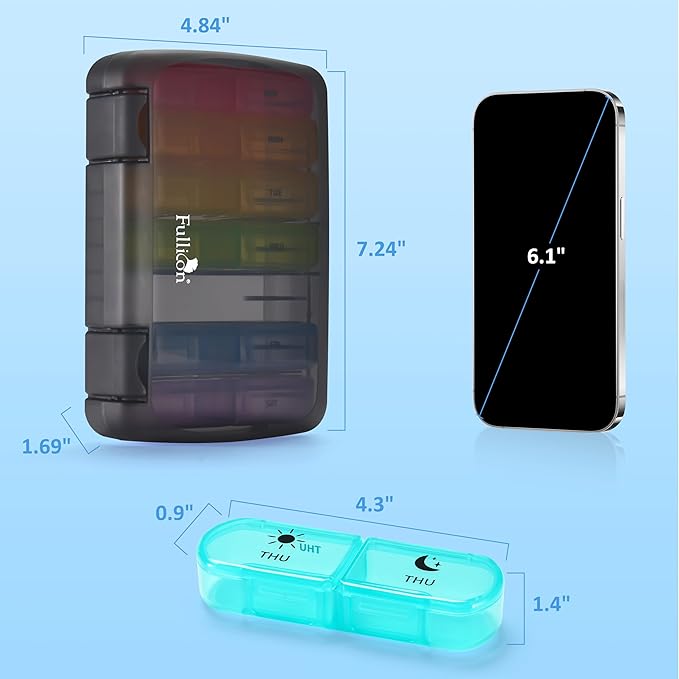 Fullicon Extra Large AM PM Pill Box Organizer 7 Day, Travel Medicine Pill Organizer 2 Times a Day, Large Supplement Vitamin Dispenser, Weekly Jumbo Pill Case Container for Purse (Black Rainbow)