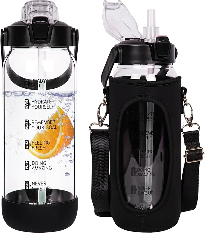 48 oz Glass Water Bottle with Straw and Time Marker, Large Motivational Borosilicate Glass Drinking Bottle with Silicone Boot and Sleeve