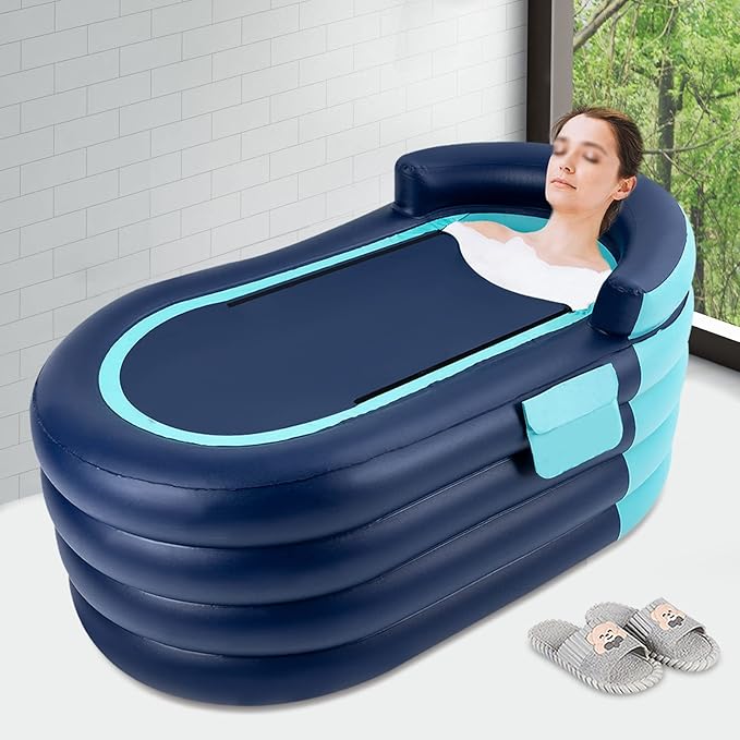 55.1 in Portable Bathtub for Adults Foldable Inflatable Bathtub with Electric Pump & Bath Pillow Headrest Outdoor & Indoor Freestanding Collapsible Tub for Toddler Spa Hot Ice Bath