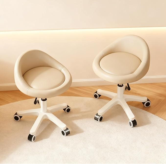 Rolling Stool Chair with Backrest, Round PU Leather Adjustable Height Hydraulic Swivel Rolling Stool for Spa Salon Tattoo Massage Doctor Dental Medical Office Khaki Set of 2