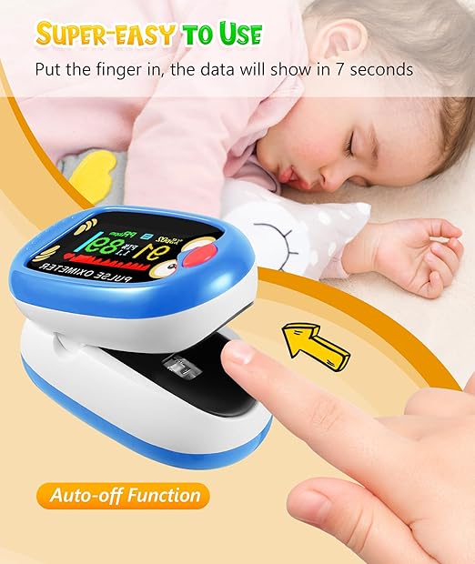 Fingertip Pluse Oximeter for Small Fingers, USB-C Rechargeable Oxygen Monitor, Cute Cartoon Design, Sports & Aviation Use, Applicable for Kids & Children (Blue)
