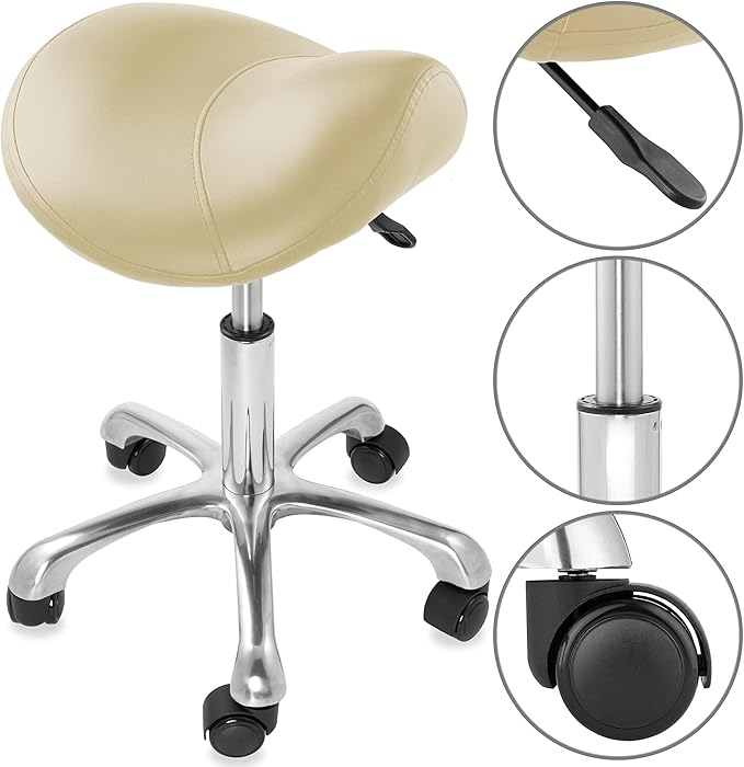 Saloniture Professional Ergonomic Saddle Stool, Cream - Adjustable Hydraulic Seat, Rolling Spa Salon, Massage, and Medical Office Chair with Swivel Wheels